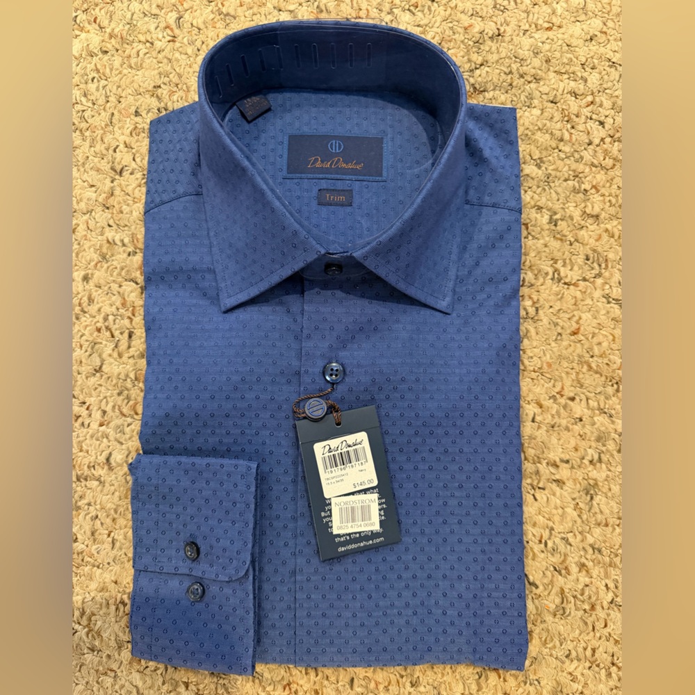 NWT David Donahue Trim Fit Navy Micro-Geometric Dress Shirt